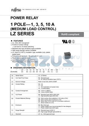 LZ-12-KHV-UC datasheet - POWER RELAY 1 POLE-1, 3, 5, 10 A(MEDIUM LOAD CONTROL)