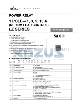 LZ-12E-HV-UC datasheet - POWER RELAY 1 POLE-1, 3, 5, 10 A(MEDIUM LOAD CONTROL)