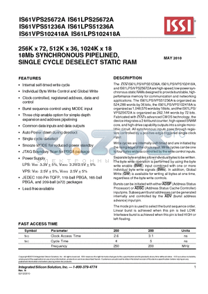 IS61LPS102418A-250TQ datasheet - 256K x 72, 512K x 36, 1024K x 18 18Mb SYNCHRONOUS PIPELINED, SINGLE CYCLE DESELECT STATIC RAM