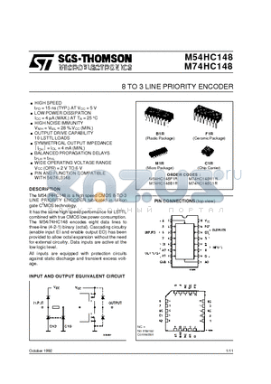 M54HC148F1R datasheet - 8 TO 3 LINE PRIORITY ENCODER