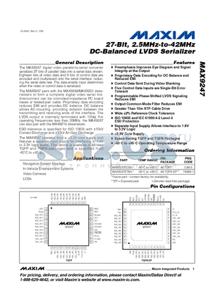 MAX9247ETM+ datasheet - 27-Bit, 2.5MHz-to-42MHz DC-Balanced LVDS Serializer