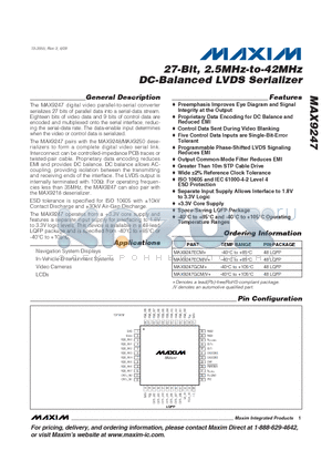 MAX9247GCM/V+ datasheet - 27-Bit, 2.5MHz-to-42MHz DC-Balanced LVDS Serializer