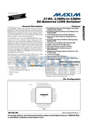 MAX9247ECM/V+ datasheet - 27-Bit, 2.5MHz-to-42MHz DC-Balanced LVDS Serializer