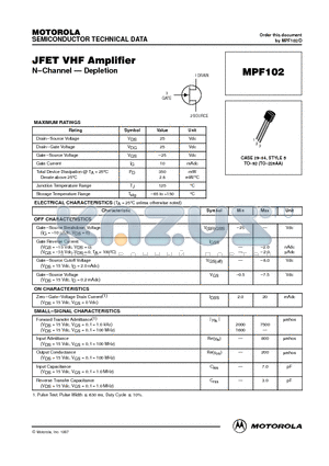 MPF102 datasheet - JFET VHF Amplifier