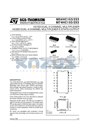 M54HC153 datasheet - HC253 DUAL 4 CHANNEL MULTIPLEXER 3 STATE OUTPUT HC153 DUAL 4 CHANNEL MULTIPLEXER