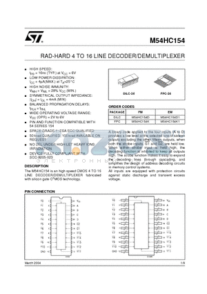 M54HC154K datasheet - RAD-HARD 4 TO 16 LINE DECODER/DEMULTIPLEXER