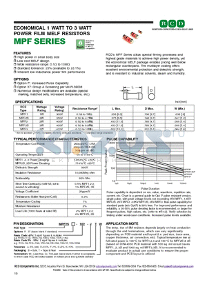 MPF2S-100-D datasheet - ECONOMICAL 1 WATT TO 3 WATT POWER FILM MELF RESISTORS