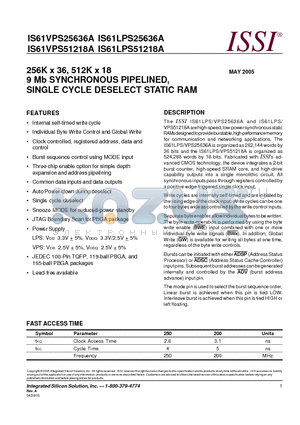 IS61LPS51218A-200TQ datasheet - 256K x 36, 512K x 18 9 Mb SYNCHRONOUS PIPELINED, SINGLE CYCLE DESELECT STATIC RAM