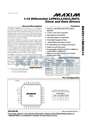 MAX9311EGJ datasheet - 1:10 Differential LVPECL/LVECL/HSTL Clock and Data Drivers