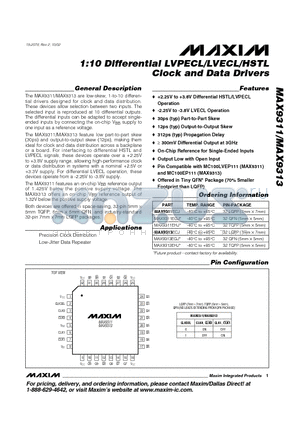 MAX9313 datasheet - 1:10 Differential LVPECL/LVECL/HSTL Clock and Data Drivers