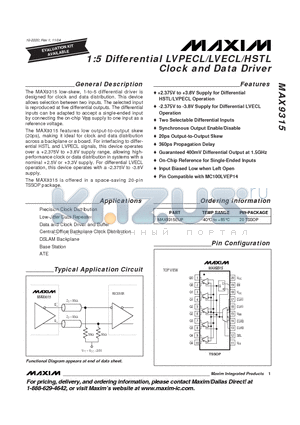 MAX9315 datasheet - 1:5 Differential LVPECL/LVECL/HSTL Clock and Data Driver