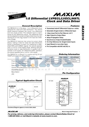 MAX9316 datasheet - 1:5 Differential LVPECL/LVECL/HSTL Clock and Data Driver