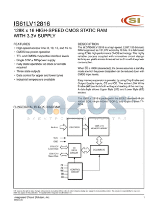 IS61LV12816-10K datasheet - 128K x 16 HIGH-SPEED CMOS STATIC RAM