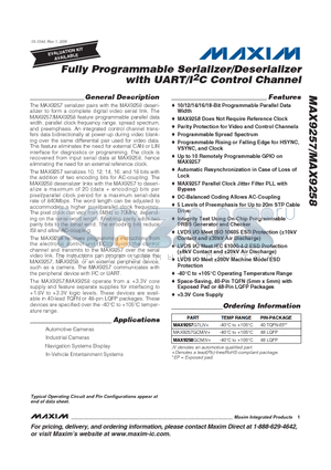 MAX9258 datasheet - Fully Programmable Serializer/Deserializer with UART/I2C Control Channel