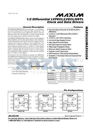 MAX9320EKA-T datasheet - 1:2 Differential LVPECL/LVECL/HSTL Clock and Data Drivers