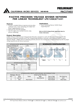 PAC27A02S/T datasheet - P/ACTIVE PRECISION VOLTAGE DIVIDER NETWORK FOR LINEAR TECHNOLOGY LTC1266/LT1431