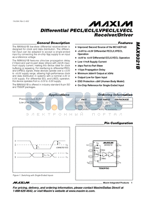 MAX9321BESA datasheet - Differential PECL/ECL/LVPECL/LVECL Receiver/Driver