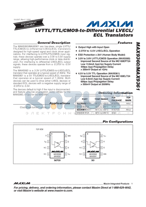 MAX9360ESA datasheet - LVTTL/TTL/CMOS-to-Differential LVECL/ECL Translators