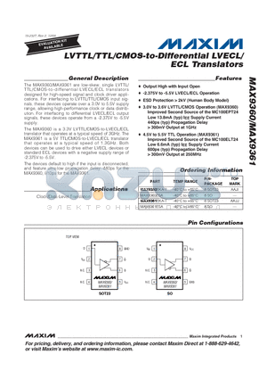MAX9361ESA datasheet - LVTTL/TTL/CMOS-to-Differential LVECL/ECL Translators