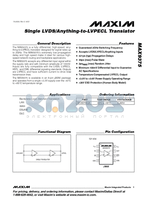 MAX9375 datasheet - Single LVDS/Anything-to-LVPECL Translator