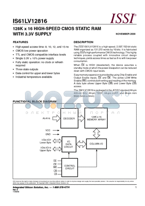 IS61LV12816-8TI datasheet - 128K x 16 HIGH-SPEED CMOS STATIC RAM WITH 3.3V SUPPLY