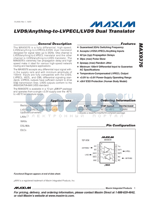 MAX9376 datasheet - LVDS/Anything-to-LVPECL/LVDS Dual Translator