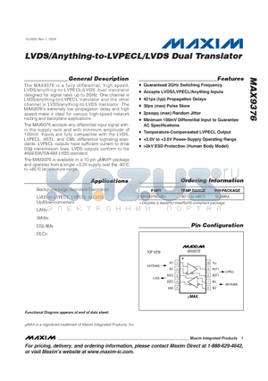 MAX9376EUB+ datasheet - LVDS/Anything-to-LVPECL/LVDS Dual Translator