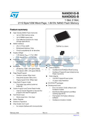NAND01GR4B2AZA1 datasheet - 1 Gbit, 2 Gbit, 2112 Byte/1056 Word Page, 1.8V/3V, NAND Flash Memory