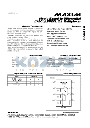 MAX9380 datasheet - Single-Ended-to-Differential LVECL/LVPECL 2:1 Multiplexer