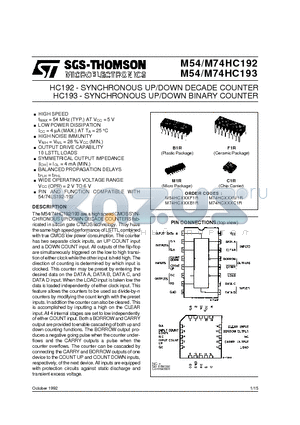 M54HC192C1R datasheet - SYNCHRONOUS UP/DOWN DECADE(,BINARY) COUNTER