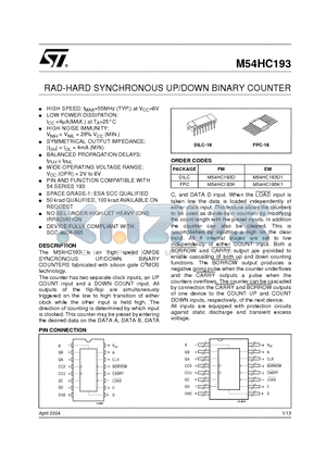 M54HC193K datasheet - RAD-HARD SYNCHRONOUS UP/DOWN BINARY COUNTER