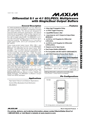 MAX9388EUP datasheet - Differential 5:1 or 4:1 ECL/PECL Multiplexers with Single/Dual Output Buffers