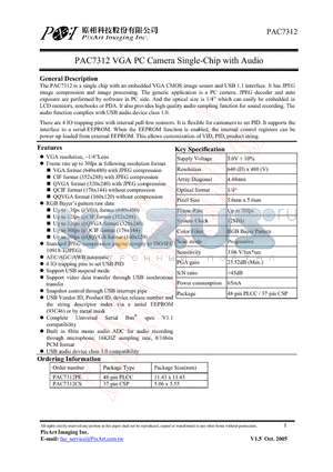 PAC7312CS datasheet - VGA PC Camera Single-Chip with Audio