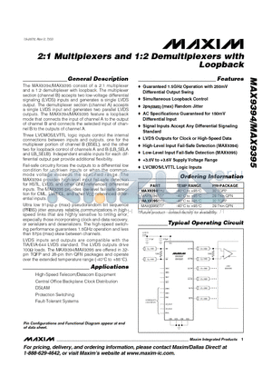 MAX9395 datasheet - 2:1 Multiplexers and 1:2 Demultiplexers with Loopback
