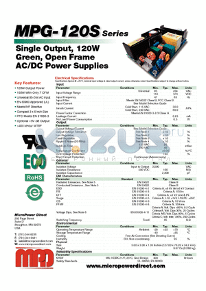 MPG-120S-12SB datasheet - Single Output, 120W Green, Open Frame AC/DC Power Supplies