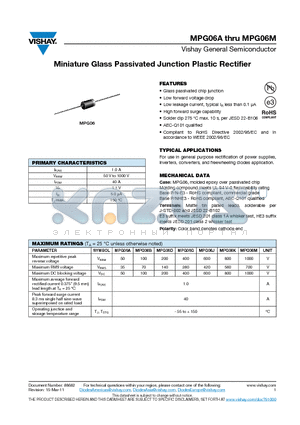 MPG06A datasheet - Miniature Glass Passivated Junction Plastic Rectifier