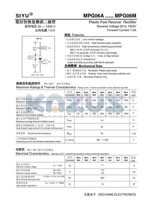 MPG06A datasheet - Plastic Fast Recover Rectifier Reverse Voltage 50 to 1000V Forward Current 1.0A