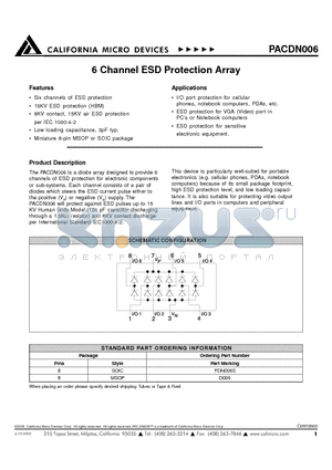 PACDN006 datasheet - 6 CHANNEL ESD PROTECTION ARRAY