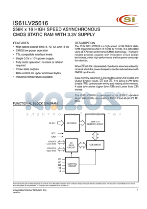 IS61LV25616-10TI datasheet - 256 X 16 HIGH SPEED ASYNCHRONOUS CMOS STATIC RAM WITH 3.3V SUPPLY