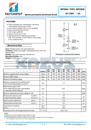 MPG06A datasheet - MINIATURE GLASS PASSIVATED JUNCTION PLASTIC RECTIFIER