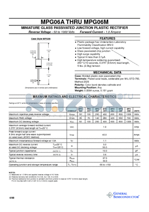 MPG06D datasheet - MINIATURE GLASS PASSIVATED JUNCTION PLASTIC RECTIFIER