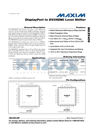 MAX9406ETM+ datasheet - DisplayPort to DVI/HDMI Level Shifter