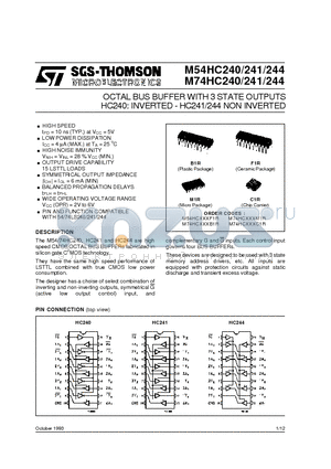M54HC240B1R datasheet - HC240: INVERTED - HC241/244 NON INVERTED OCTAL BUS BUFFER WITH 3 STATE OUTPUTS