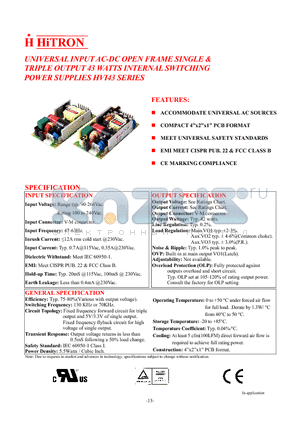 HVI43-T050MI datasheet - UNIVERSAL INPUT AC-DC OPEN FRAME SINGLE & TRIPLE OUTPUT 43 WATTS INTERNAL SWITCHING POWER SUPPLIES