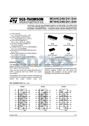 M54HC241C1R datasheet - HC240: INVERTED - HC241/244 NON INVERTED OCTAL BUS BUFFER WITH 3 STATE OUTPUTS