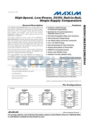 MAX941ESA datasheet - High-Speed, Low-Power, 3V/5V, Rail-to-Rail, Single-Supply Comparators