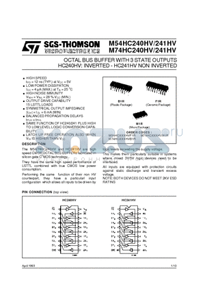 M54HC241HVC1R datasheet - OCTAL BUS BUFFER WITH 3 STATE OUTPUTS HC240HV: INVERTED - HC241HV NON INVERTED