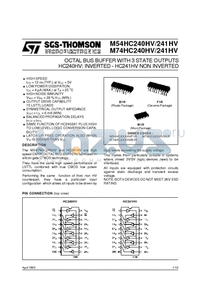 M54HC241HVF1R datasheet - OCTAL BUS BUFFER WITH 3 STATE OUTPUTS HC240HV: INVERTED - HC241HV NON INVERTED