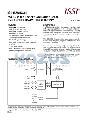 IS61LV25616-7LQ datasheet - 256K x 16 HIGH SPEED ASYNCHRONOUS CMOS STATIC RAM WITH 3.3V SUPPLY