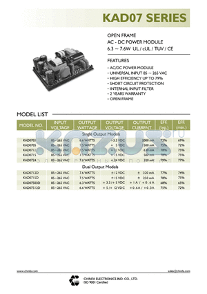 KAD0703 datasheet - OPEN FRAME AC - DC POWER MODULE 6.3 ~ 7.6W UL / cUL / TUV / CE